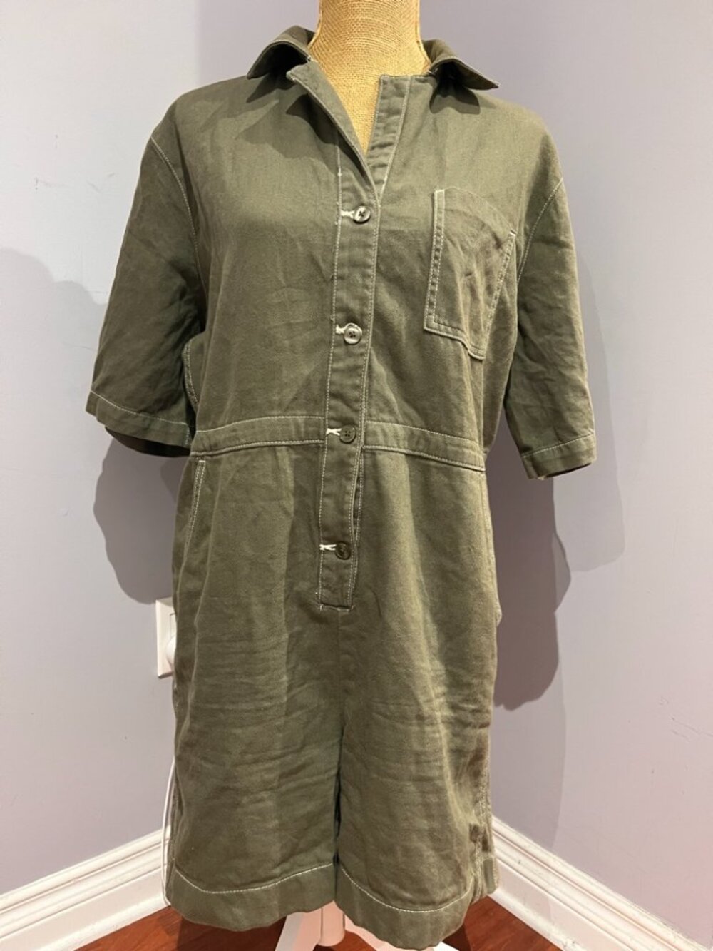 Frank And Oak Womens Large Utility Romper Army Green Organic Cotton Playsuit